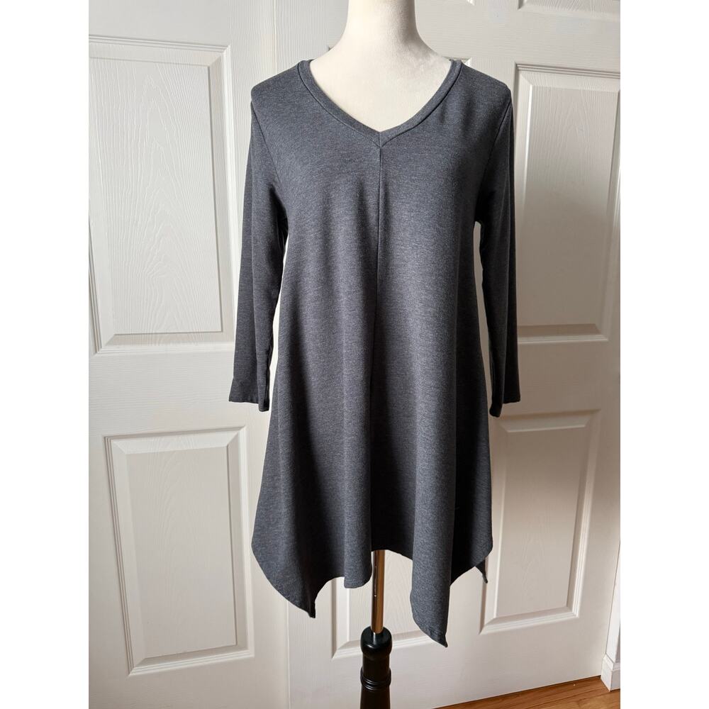 Garnet Hill Gray V-Neck 3/4 Sleeve Asymmetrical Tencel Dress Small Lagenlook